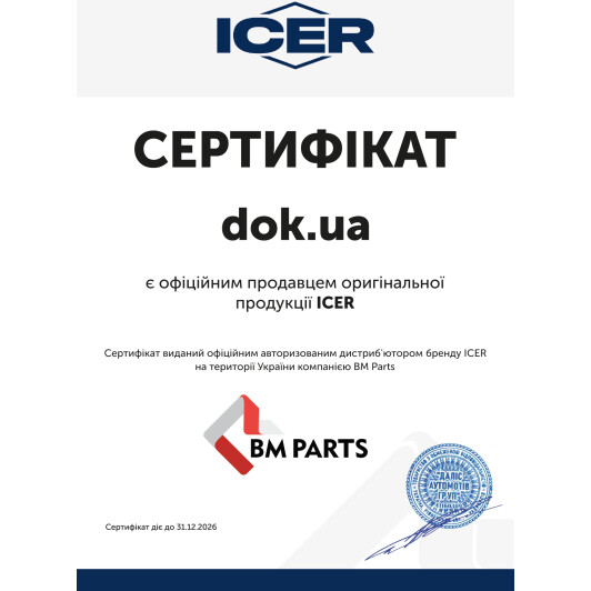 Сертификат на Гальмівні колодки Icer 182058