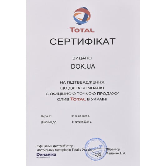 Сертификат на Моторна олива Total Quartz 7000 Energy 10W-40 на SsangYong Kyron