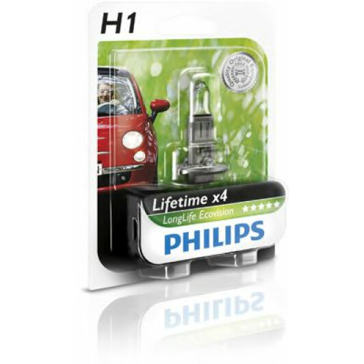 Автолампа Philips LongLife EcoVision H1 P14,5s 55 W прозора 12258LLECOB1