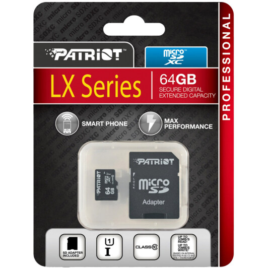Карта памяти Patriot LX Series microSDXC 64 ГБ с SD-адаптером