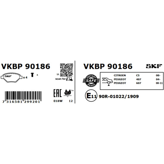 Тормозные колодки SKF vkbp90186