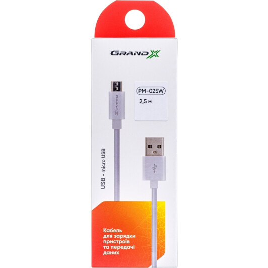 Кабель Grand-X PM025W USB - Micro USB 2,5 м