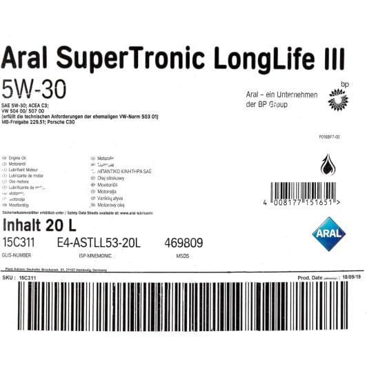 Моторное масло Aral SuperTronic LongLife III 5W-30 20 л на Fiat Multipla