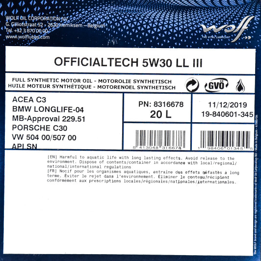 Моторное масло Wolf Officialtech LL III 5W-30 20 л на Mazda 6