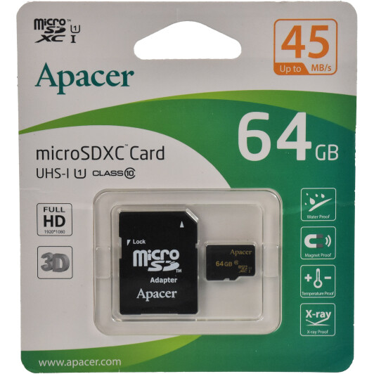 Карта памяти Apacer microSDXC 64 ГБ с SD-адаптером