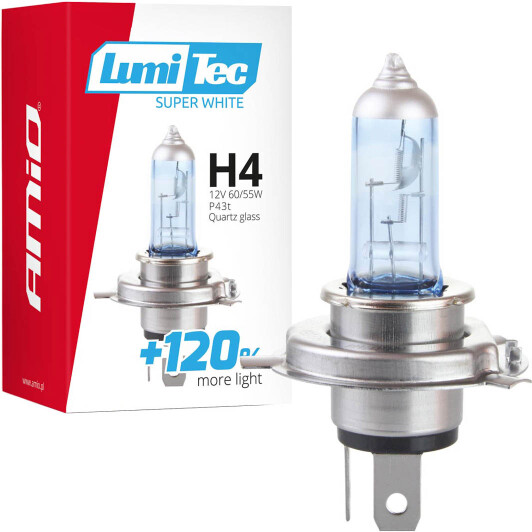 Автолампа Amio LumiTec Super White +120% H4 P43t 55 W 60 W светло-голубая 02137