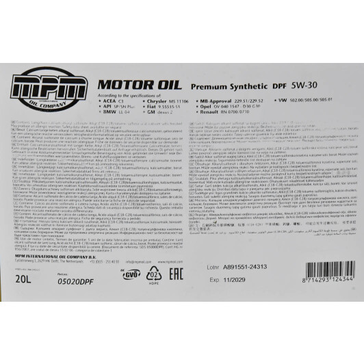 Олива MPM Premium Synthetic C3 DPF 5W-30 20 л на Mitsubishi Pajero