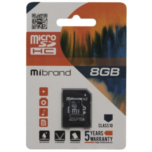 Карта памяти Mibrand microSDHC 8 ГБ с SD-адаптером