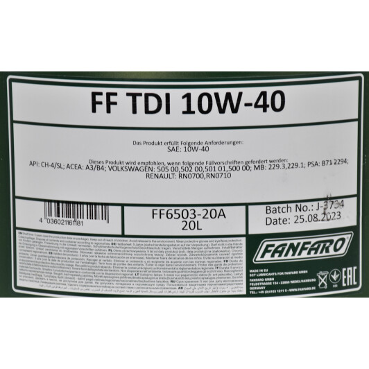 Моторное масло Fanfaro TDI 10W-40 20 л на Volkswagen NEW Beetle
