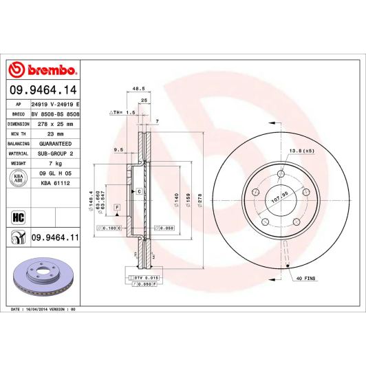 Гальмівний диск Brembo 09.9464.11