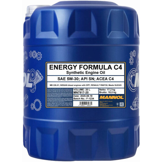 Моторное масло Mannol Energy Formula C4 5W-30 20 л на SAAB 900