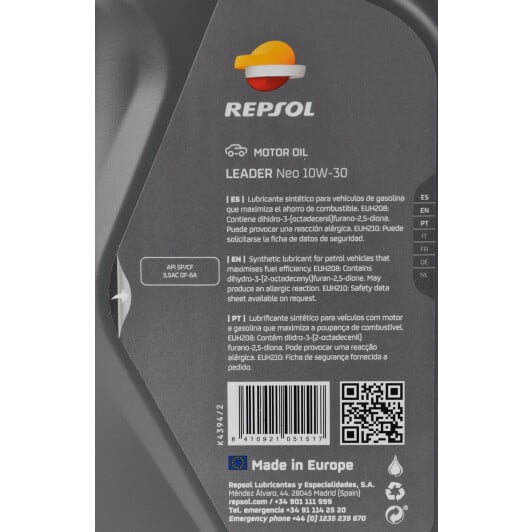 Моторна олива Repsol Leader NEO 10W-30 1 л на Kia Sorento