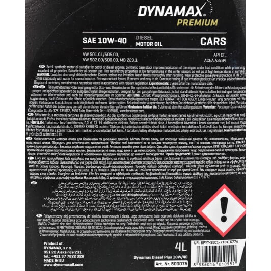 Моторное масло Dynamax Premium Diesel Plus 10W-40 4 л на Dodge Avenger