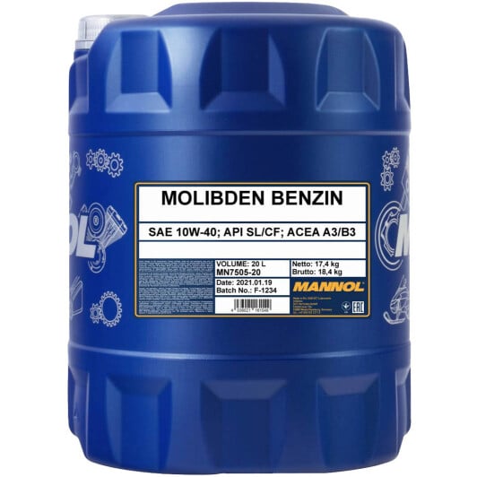 Моторное масло Mannol Molibden 10W-40 20 л на Hyundai Getz