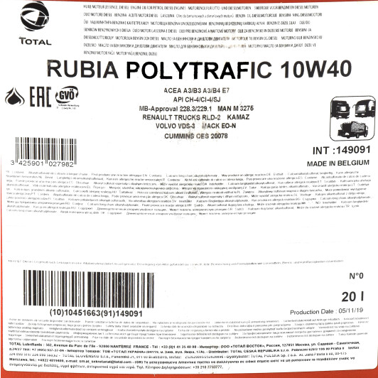 Моторна олива Total Rubia Politrafic 10W-40 20 л на Opel Frontera