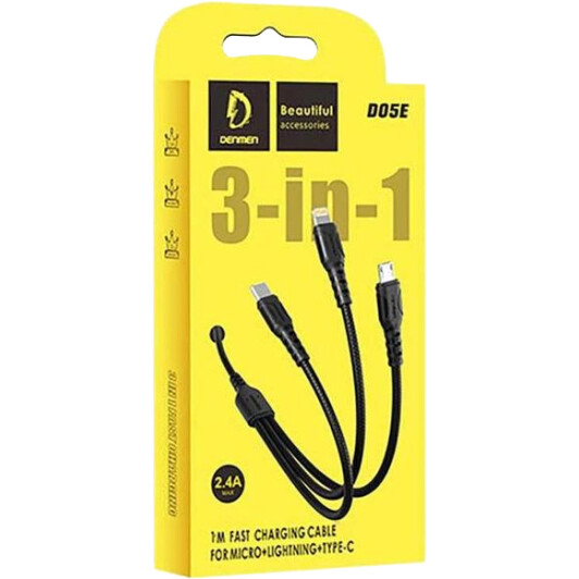 Кабель 3 в 1 Denmen USB - Apple Lightning - type-C - Micro USB D05E DM-D05E-BK 1 м