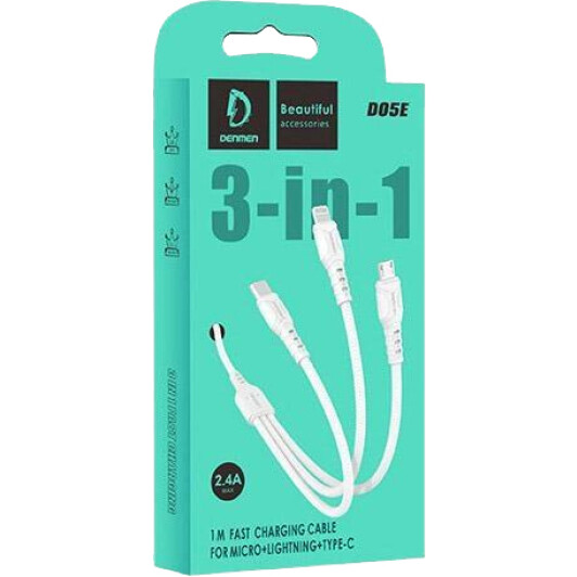 Кабель 3 в 1 Denmen USB - Apple Lightning - type-C - Micro USB D05E DM-D05E-WH 1 м