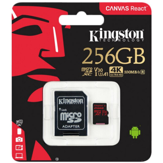 Карта памяти Kingston Canvas React microSDXC 256 ГБ с SD-адаптером