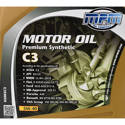 Моторное масло MPM Premium Synthetic C3 5W-40 5 л на Dodge Viper