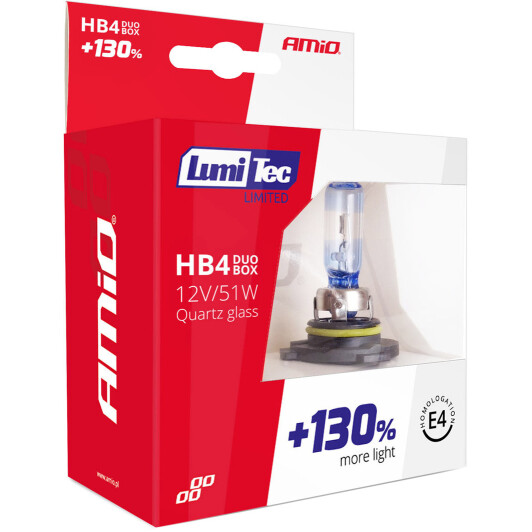 Автолампа Amio LumiTec Limited +130% HB4 P22d 51 W прозрачно-голубая 02104