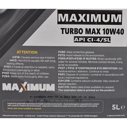 Моторное масло Maximum Turbo Max 10W-40 5 л на Opel Vivaro