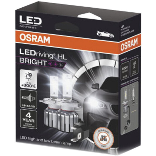 Автолампа Osram LEDriving HL Bright H4 P43t 27 W 23 W 64193DWBRT-2HFB