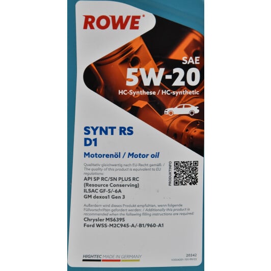 Моторное масло Rowe Synt RS D1 5W-20 1 л на Peugeot 307