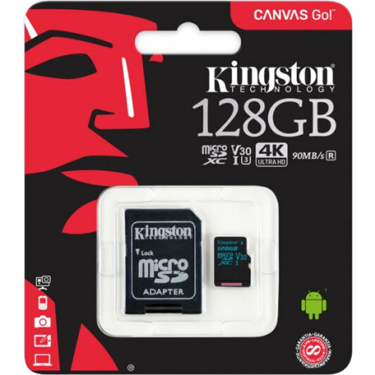 Карта памяти Kingston Canvas Go! microSDXC 128 ГБ с SD-адаптером