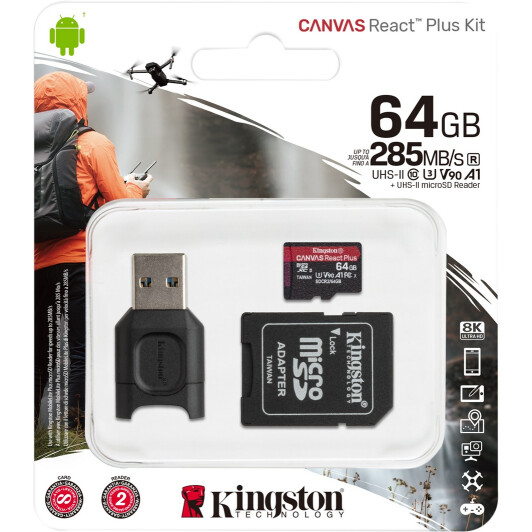 Карта памяти Kingston Canvas React Plus Kit microSDXC 64 ГБ с SD-адаптером