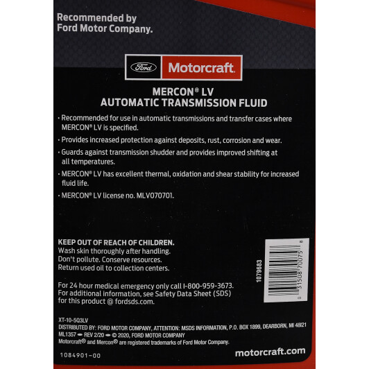 Motorcraft Mercon LV Automatic Transmission Fluid XT105Q3LV 20