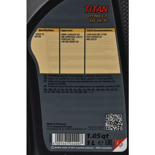Моторное масло Fuchs Titan Gt1 Pro C3 5W-30 1 л на Citroen Jumpy
