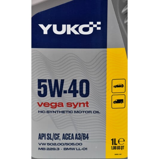 Моторна олива Yuko Vega Synt 5W-40 1 л на Fiat Fiorino