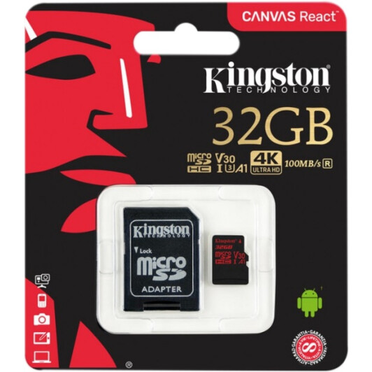 Карта памяти Kingston Canvas React microSDHC 32 ГБ с SD-адаптером