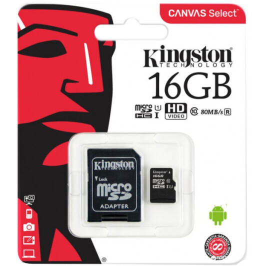 Карта памяти Kingston Canvas Select microSDHC 16 ГБ с SD-адаптером