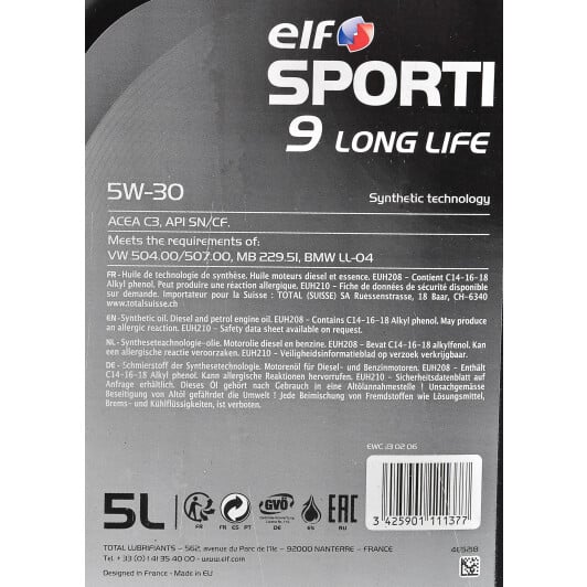 Моторное масло Elf Sporti 9 Long Life 5W-30 5 л на Suzuki Celerio