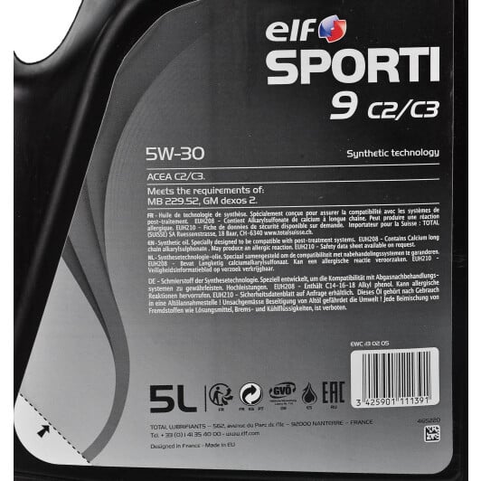 Моторное масло Elf Sporti 9 C2/C3 5W-30 5 л на Citroen Xantia