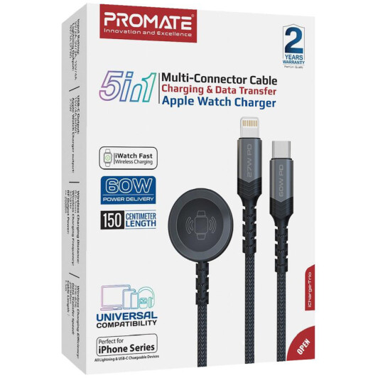 Кабель 3 в 1 Promate Apple Lightning - USB type-С - Apple MagSafe 3 iCharge-Trio Series ICHARGE-TRIO.BLACK 1,5 м