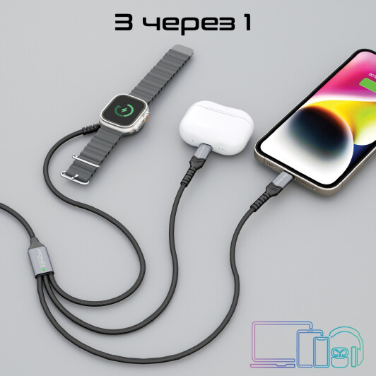 Кабель 3 в 1 Promate Apple Lightning - USB type-С - Apple MagSafe 3 iCharge-Trio Series ICHARGE-TRIO.BLACK 1,5 м