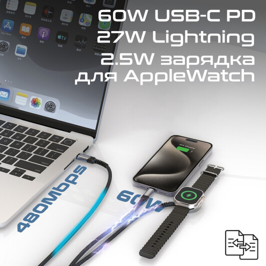 Кабель 3 в 1 Promate Apple Lightning - USB type-С - Apple MagSafe 3 iCharge-Trio Series ICHARGE-TRIO.BLACK 1,5 м