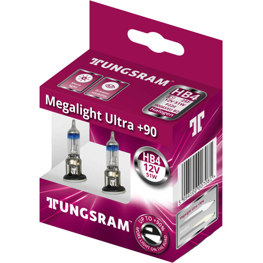 Автолампа Tungsram Megalight Ultra +90 HB4 P22d 51 W прозоро-блакитна 9006SXU