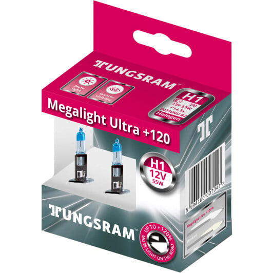 Автолампа Tungsram Megalight Ultra +120 H1 P14,5s 55 W прозоро-блакитна 50310nu