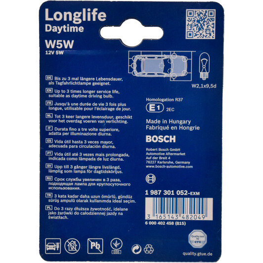 Автолампа Bosch Longlife Daytime W5W W2,1x9,5d 5 W прозрачная 1987301052