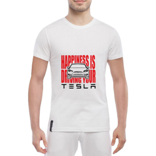 Футболка чоловіча Globuspioner класична Driving Your Tesla біла принт спереду XXL
