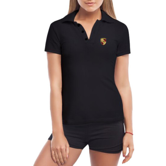 Футболка женская Globuspioner поло Porsche Big Logo черная принт спереди S