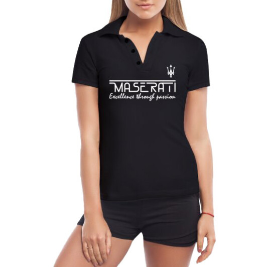 Футболка женская Globuspioner поло Maserati Slogan черная принт спереди