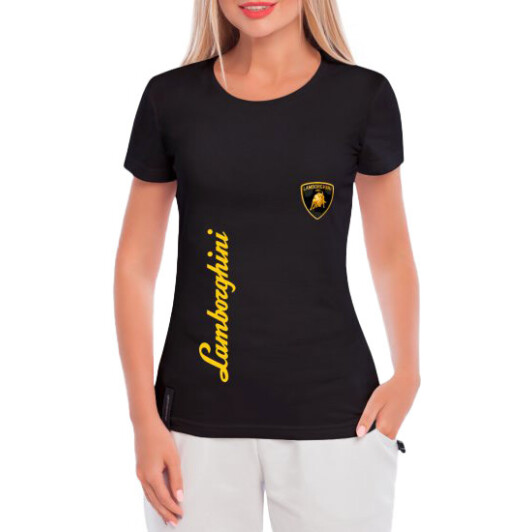 Футболка женская Globuspioner классическая Lamborghini Logo Vertical черная принт спереди