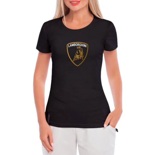 Футболка женская Globuspioner классическая Lamborghini Logo Gold черная принт спереди XXL