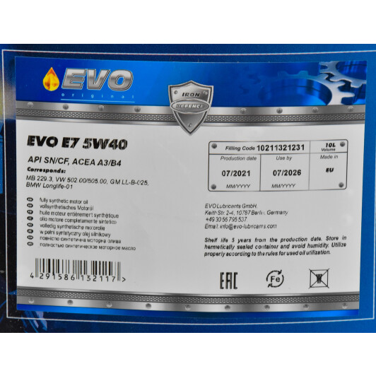Моторное масло EVO E7 5W-40 10 л на SAAB 900