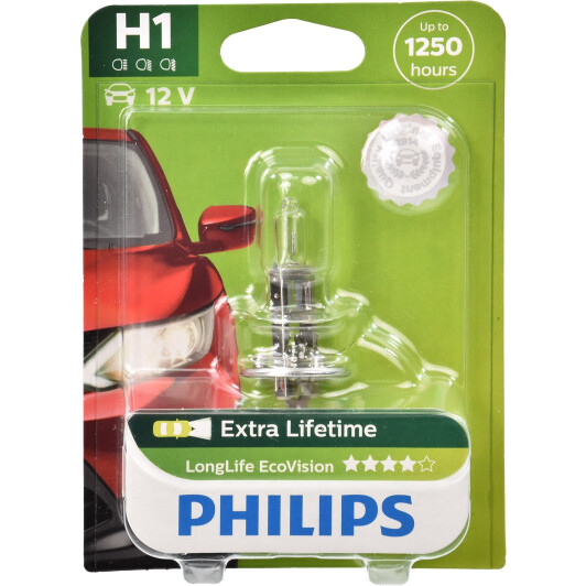 Автолампа Philips LongLife EcoVision H1 P14,5s 55 W прозора 12258LLECOB1