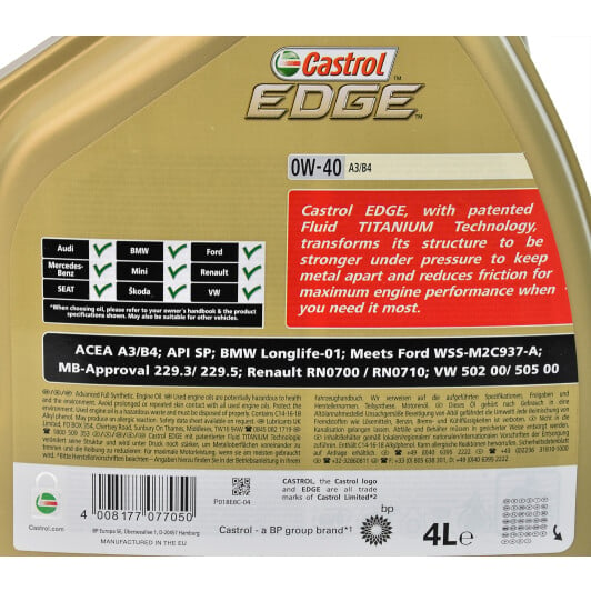 Моторное масло Castrol EDGE A3/B4 0W-40 4 л на Suzuki Celerio